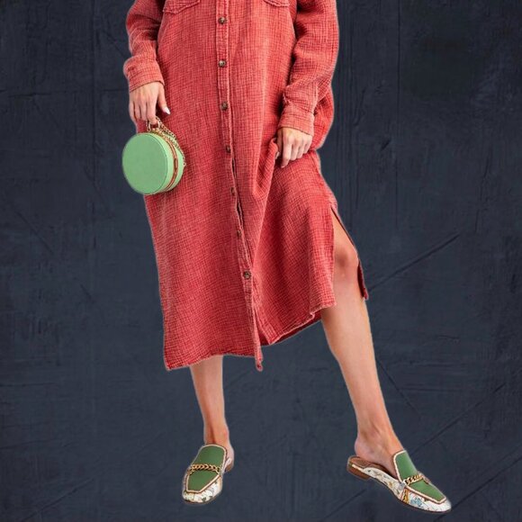 EASEL “Irresistible” Lux Mineral Washed Buttoned Relaxed Fit Shirt Dress Pockets - Picture 15 of 16